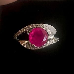 Natural fusion hot pink quartz rhodium plating size 10 ring